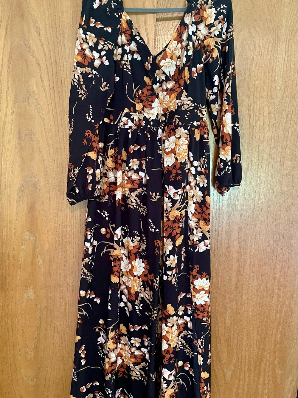 Long Sleeve Black Floral Maxi Dress with Slit